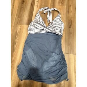 Women's Halter Style One Piece Swimsuit Large Stretch White‎ Gray Striped Mesh